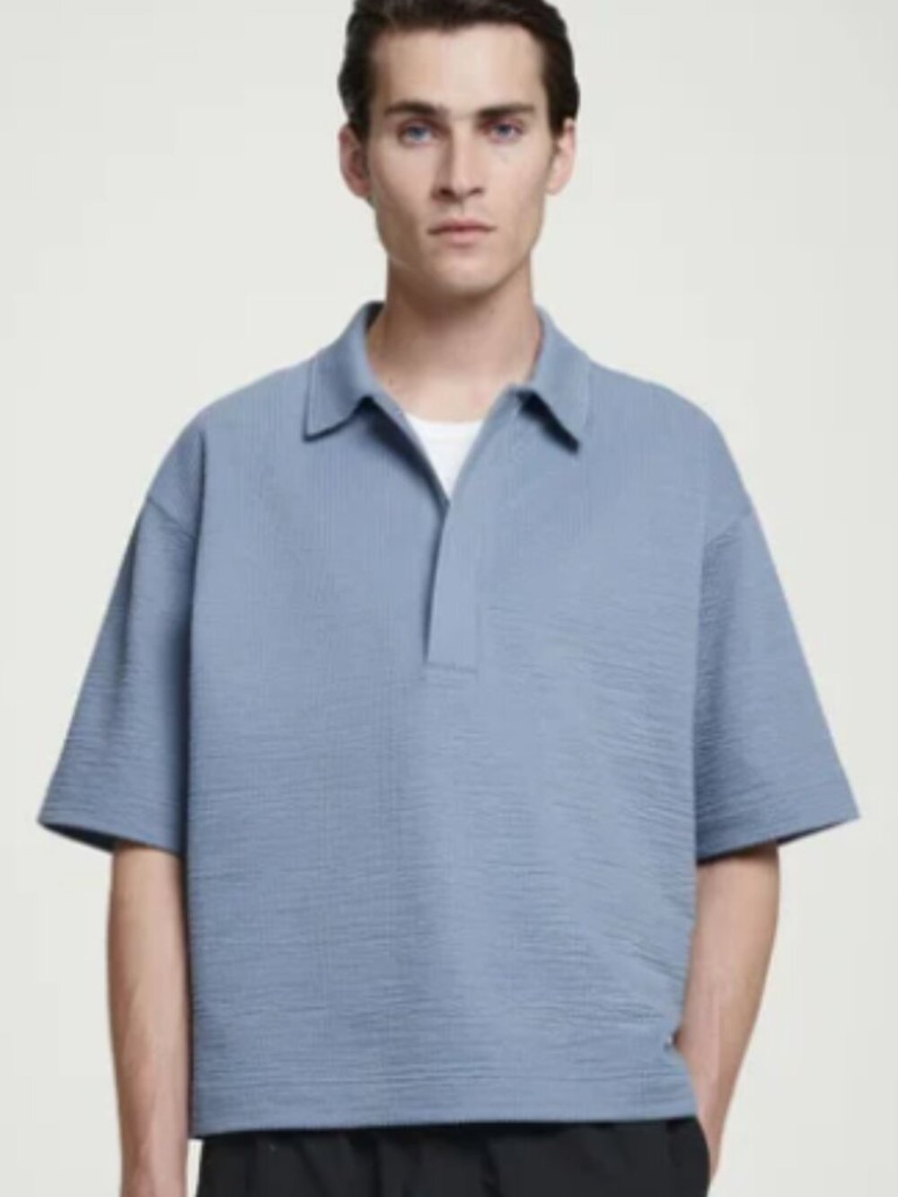 NWT COS Men's Seersucker Textured Half Zip Polo Shirt Blue Size Small
